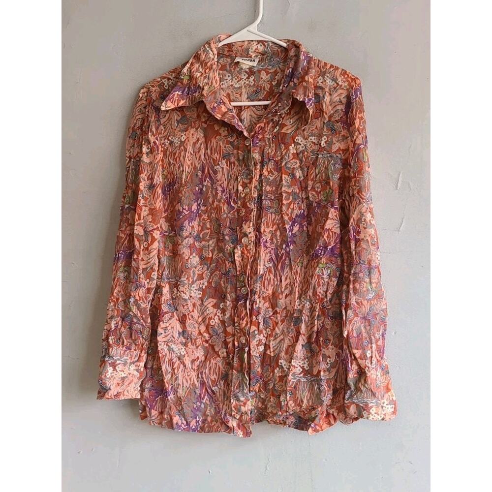 Vintage 1970s women's large lightweight button up shirt mauve purple floral
